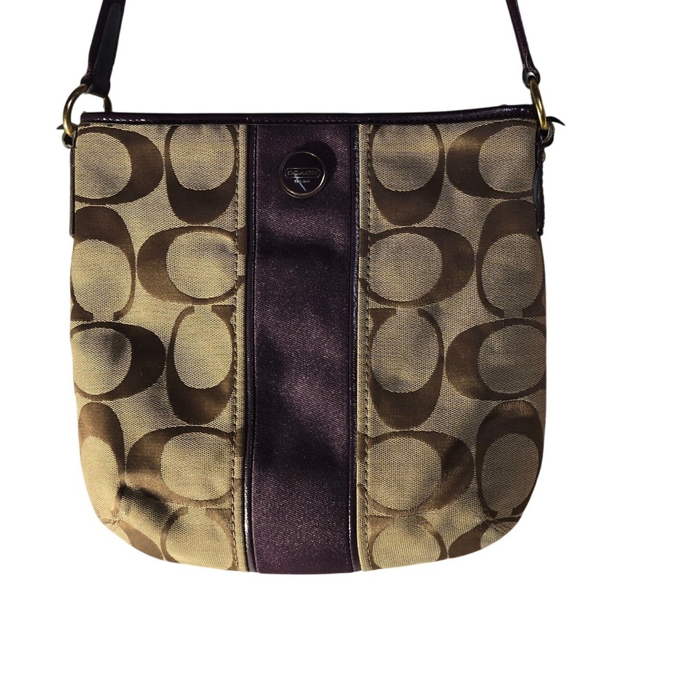 Coach Signature File Bag Khaki Purple Jacquard‎ Crossbody F21905 Brass Hardware